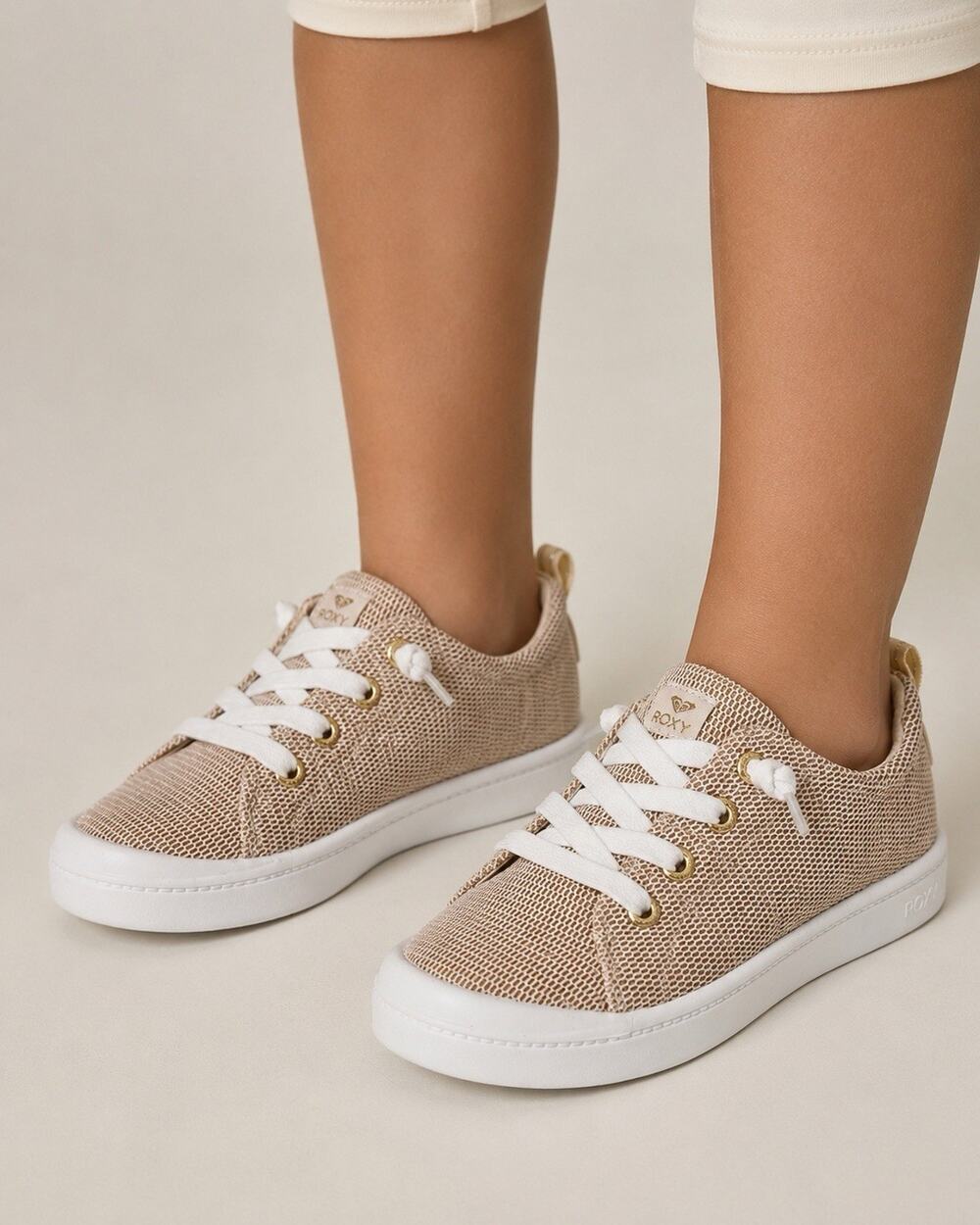Roxy Girls Champagne/White Glitter Low Top Lace-Up Sneakers Round Toe US 2